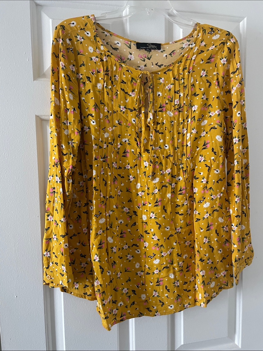 Suzanne Betro Mustard Floral Pintuck Peasant Blouse